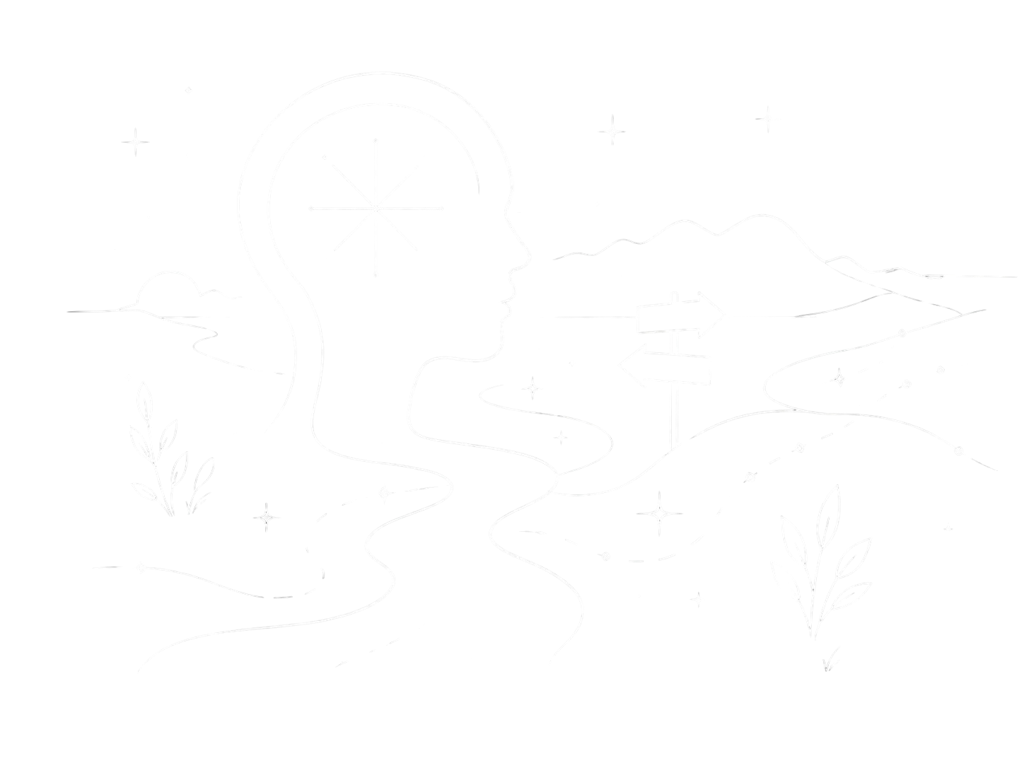 Line drawing of a head in profile with a winding path, signpost, mountains and stars